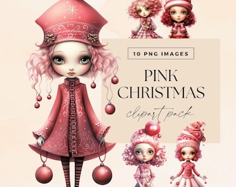 Pink Christmas Clipart, Xmas Dolls Clip Art, Transparent, Pretty Girl Winter Season Characters, Holiday Illustrations, Festive Junk Journal