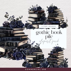 Könnte beinhalten: Aquarellillustration von gotischen Bücherstapeln mit dunkelblauen Rosen und Blättern. Das Bild zeigt Stapel alter Bücher mit goldfarbenen Seiten und schwarzen Einbänden. Der Text auf dem Bild lautet "5 PNG images" und "gothic book pile clipart pack."