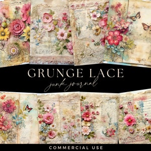 Lace Junk Journal Pages, Vintage Grunge Papers, Digital DOWNLOAD, Pink Flower Scrapbooking, Bright Floral Ephemera,  Garden Mixed Media
