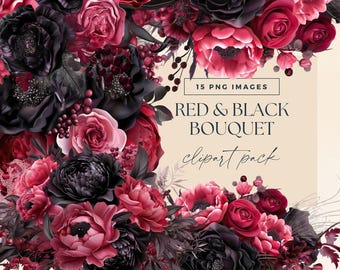 Gothic Flower Bouquet Clipart, Transparent PNGs, Black Red Roses Wedding Bouquet Illustrations, Watercolour Dark Moody Floral Clip Art