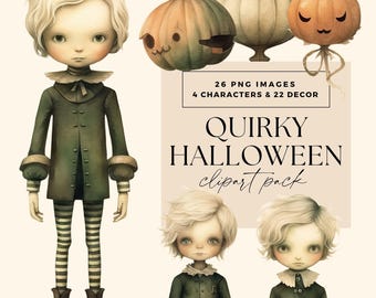 Quirky Halloween Clipart Bundle, Spooky Transparent PNGs, Gothic Whimsical Clip Art, Scary Characters, Pumpkin Decor, CU Junk Journal Images