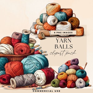 Yarn Clipart, Crochet Hobby Clip Art, Transparent PNGs, Colourful Knitting Essentials Illustrations, Ball of Yarn Junk Journal, Needlework