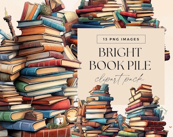 Bright Book Pile Clipart Bundle, Transparent PNG, Library Clip Art, Reading Junk Journal, Bookworm, Book Lovers Gift, Stack of Books Graphic