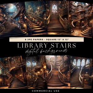 Library Digital Backdrop, Vintage Books Background, Reading Junk Journal, Photo Artist Illustrative Overlay,  Staircase Scrapbooking Pages