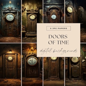 Türen der Zeit Digitaler Hintergrund, Fluchtraumszene, Scrapbook, Uhr Junk Journal, Grunge Einladung Illustrationen, Locked Room Fotografie