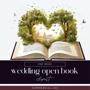 May include: An open book with a heart-shaped design of trees and flowers, with a landscape scene visible within the heart. Butterflies and birds are scattered around the image. The text "wedding open book clipart" is displayed below the book.