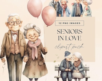 Senior Citizens Clipart, Funny Whimsical Old People Clip Art, Transparent PNG, Grandparents Valentines Illustrations, Elderly Love Graphics