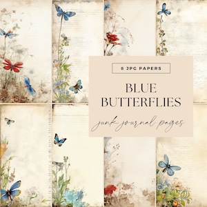 Papeles de diario basura con diseño de mariposas azules, DESCARGA DIGITAL, Jardín de hadas vintage, Páginas para álbumes de recortes, Efímeras vintage, Fondo de jardín imprimible