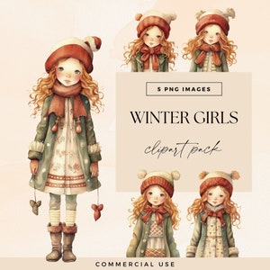 Pacote de clipart de menina de inverno, PNGs transparentes, ilustrações de moda, clipart de Natal, meninas de chapéu aconchegante, diário de lixo de boneca de inverno em aquarela