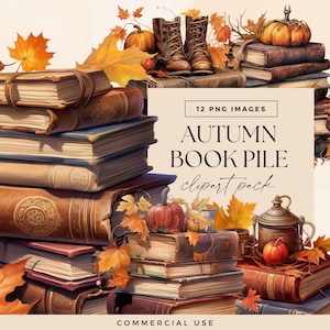 Può includere: Un pacchetto di clipart digitali a tema autunnale, con pile di vecchi libri, zucche e foglie autunnali. Un paio di stivali di pelle marrone si trova in cima a una pila di libri. Il testo recita "AUTUMN BOOK PILE clipart pack" e "COMMERCIAL USE".