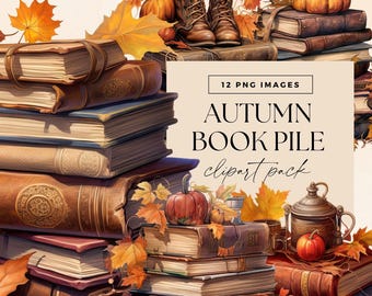 Autumn Books Clip Art Pack, Fall Leaves Library Clipart, Book Pile Reading Graphics, Bookworm Images, Pumpkin Colorful Stack Junk Journal