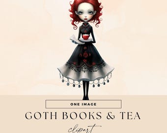 Gothic Book and Tea Clipart, Transparent PNGs, Goth Librarian, Book Club Illustrations, Dark Academia Junk Journal Graphics, Vintage Library