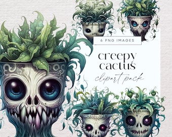 Creepy Halloween Plants Clipart, Transparent PNG, Gothic Party Invitations, Spooky Garden Illustrations, Cactus Graphics, Goth Celebrations