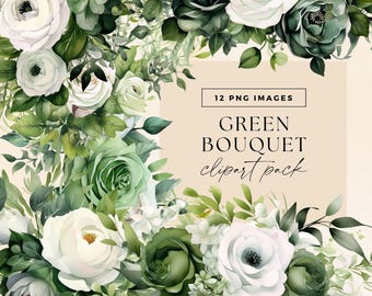 Blommig Clipart Modern Bröllopsbukett, Gröna Rosor Vita Blommor Clip Art, Bröllopsinbjudan PNG, Akvarell Baby Shower Illustrationer
