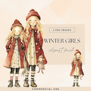 Paquete de imágenes prediseñadas de niña de invierno, PNG transparentes, ilustraciones de moda, imágenes prediseñadas de Navidad, niñas con sombrero acogedor, diario basura de muñecas de invierno en acuarela