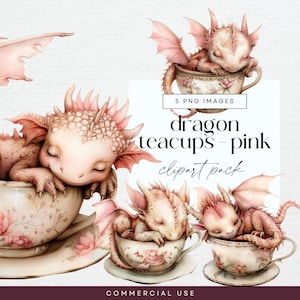 Pacchetto di clipart Baby Dragon, PNG, creature della tazza di tè dell'acquerello rosa, diario spazzatura dei piccoli draghi, effimeri da favola, clip art di invito magico