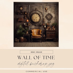 Wall of Time Room Backdrop, Digital DOWNLOAD, Whimsical Photography, House Studio Background Overlay, Vintage Clocks Scene, Texture Gold
