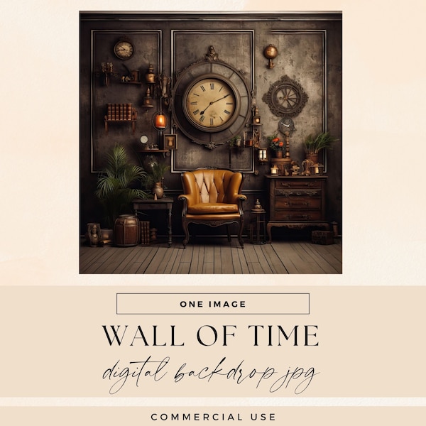 Wall of Time Room Backdrop, Digital DOWNLOAD, Whimsical Photography, House Studio Background Overlay, Vintage Clocks Scene, Texture Gold