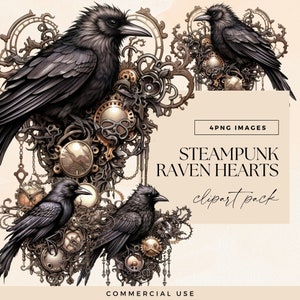 Steampunk Corbeau Clipart Kit, PNG Transparent, Junk Journal coeur éphémères, Bundle d'art clip mécanique, graphiques victoriens, Images d'oiseaux noirs