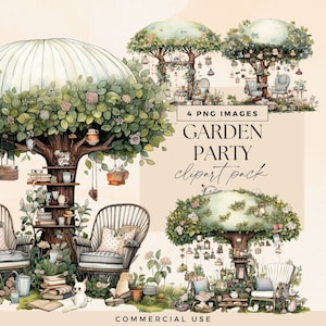 Pack de cliparts Garden Tea Party, clipart décor féerique lunatique, illustrations d'arbres aquarelles amusantes, journal magique de broussailles, extérieur fantastique
