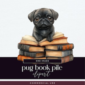 Mopshond boekenstapel illustraties, clipartpakket boekenliefhebbers, png-illustratie, vintage gestapelde boeken afbeelding, hond leest ongewenste dagboek, puppy kortstondig