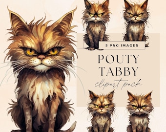 Watercolor Orange Tabby Cat Clipart, Mean Ginger Kittens Clip Art, Angry Cat Clipart Bundle, Transparent PNG, Animal Junk Journal Graphics
