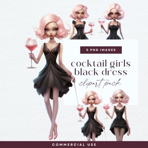 Paquete de imágenes prediseñadas de chica cóctel caprichosa, vestido negro muñeca de papel de moda peculiar PNG, diario basura de la noche de las niñas, ilustración efímera de celebración