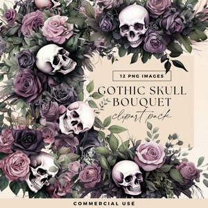 Gothic Hochzeit Blumen Clipart, transparente PNGs, lila schwarz weiße Rosen, Hochzeit Bouquet Illustrationen, Aquarell Schädel Floral Clip Art