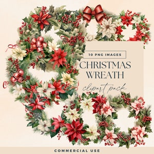 Watercolour Christmas Wreath Clipart, Xmas Decorations Clip Art, Festive Junk Journal Graphics, Transparent PNG, Holiday Decor Illustrations