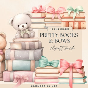 Pretty Bow and Books Baby Shower Clipart Pack, Pile of Books for Baby Clip Art, Reading Invite Illustration, Library Stack of Books Graphics