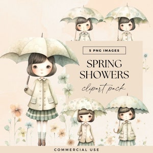 Pacote de clipart de menina com guarda-chuva, PNG transparente, diário de lixo de boneca bonita em aquarela, coisas efêmeras de dia chuvoso de fantasia, clipart botânico pastel