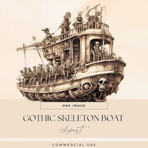 Clipart di barca scheletro gotico, clipart di nave stregata, PNG trasparenti, illustrazioni di Steampunk horror, effimeri del diario spazzatura di Halloween