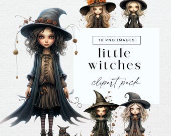Clipart di piccola strega, PNG trasparente, clipart di stregoneria, personaggi di diari magici, illustrazione di una fiaba oscura, ragazza mistica carina