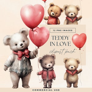 Valentine Bear Clipart, Red Love Heart Balloon Clip Art, Transparent PNG, Valentines Teddy Elements Junk Journal, Baby Shower Illustrations
