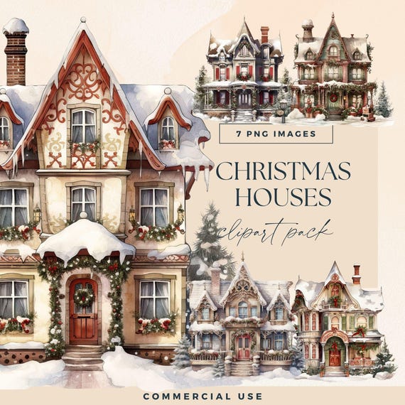 Christmas House PNG Clipart, Decorated Xmas Whimsical Houses, Victorian Winter Streetscape Clip Art, Vintage Holiday Junk Journal Graphics