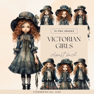 Pack de clipart fille victorienne, clipart aquarelle de poupée d'hiver, journal indésirable de mode vintage, illustrations de filles rousses, graphiques grunge