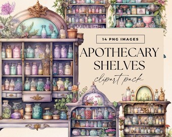 Apothecary Shelf Clip Art Pack, Pastels Clipart, Potion Bottles, Watercolor Clipart, Mystical Cabinet, Magical Spells, Witchcraft Graphics