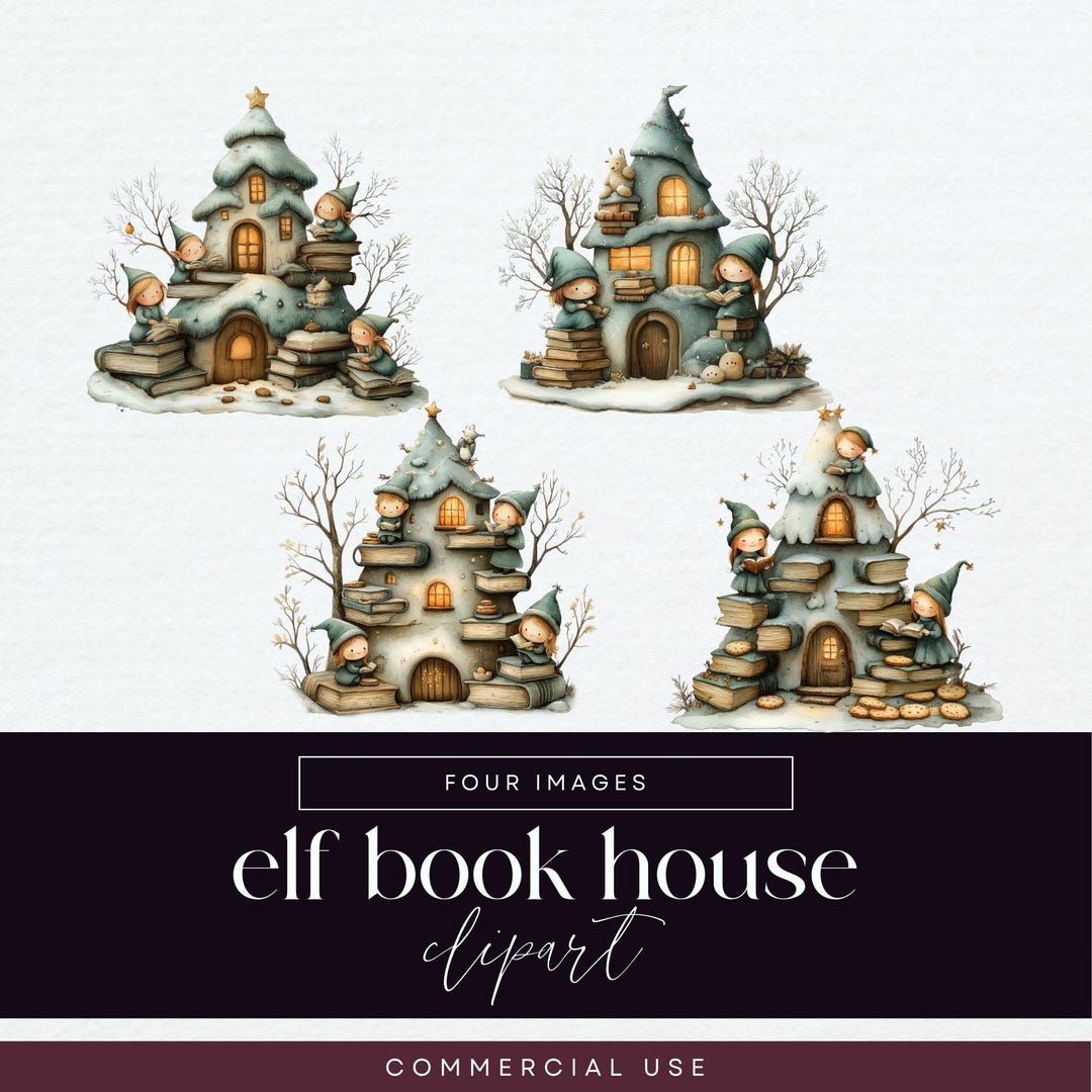 Elf House Graphics Christmas Book Elf House Clipart, Whimsical PNG Clip Art, Reading Elf ...