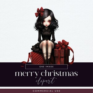 Imágenes prediseñadas de niña gótica de Navidad, gráficos de invitación para fiesta navideña con decoración gótica, ilustraciones de fantasía oscura de Navidad, efímeras de celebración de muñecas