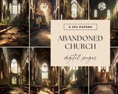 Abandoned Church Digital Backgrounds, INSTANT DOWNLOAD, Rustic Windows jpg 300 dpi, Letter Size Grunge, Printable Junk Journal, Vintage Pews