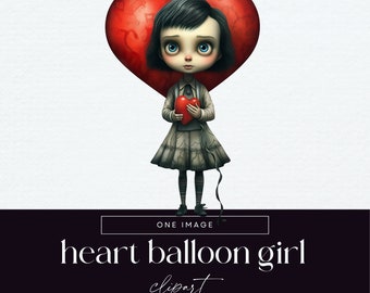 Gothic Doll Clipart, Transparent PNG, Cute Heart Girl Clip Art, Valentines Illustration, Whimsical Ephemera Junk Journal, Balloon Graphics