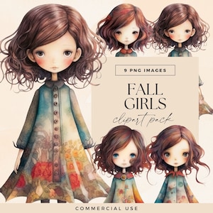 Pacote de clipart de menina de outono, ilustração de meninas de outono transparente e brilhante, arte de clipe de boneca de moda, menina bonita, personagem aconchegante e quente, diário de lixo