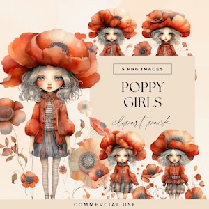 Pack de clipart fille coquelicot, clipart Invitation aquarelle, journal indésirable de jolies poupées de jardin, éphémères jardin fantastique, fleurs magiques des bois PNG