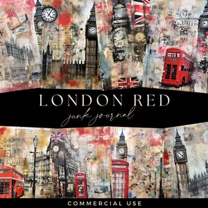 Carta del diario spazzatura di Londra, pagine di viaggio vintage, DOWNLOAD digitale, scrapbooking del Big Ben Inghilterra, cabina telefonica effimera, autobus rossi media misti