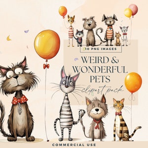 Bundle fantaisiste de cliparts chat chien, PNG transparents, clipart original, journal indésirable pour animaux de compagnie anniversaire éphémères, fête des animaux, ballons jaunes