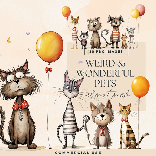 Whimsical Cat Dog Clipart Bundle, Transparent PNG, Quirky Clip Art, Junk Journal Pets Birthday Ephemera, Party Animal Fun, Yellow Balloons