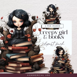 Griezelig meisje boek stapel clipart, schedel illustraties, png, horrorverhalen, boekenstapel leesgraphics, halloween ephemera, boekenliefhebber junk Journal