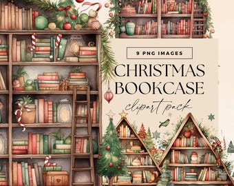 Christmas Bookshelf Clipart Pack, Watercolour Xmas Clip Art, Holiday Reading Graphics, Bookcase Library Graphics Bundle, Stack of Books PNG
