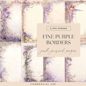 Fine Purple Border Digital Papers, DOWNLOAD IMMEDIATO, Diario decorativo stampabile, Pagine di fiori vintage, Note di fata lavanda, Ephemera