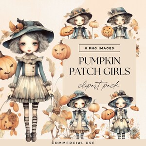 Pacote de clipart de menina de abóbora de outono, PNGs transparentes, clipart de Halloween em aquarela, diário de lixo de outono, coisas efêmeras de boneca bonita em aquarela